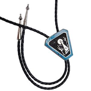 Vintage 1989 Bolo Tie Southwestern Coyote Desert Scene Blue Inlay Silver Tone